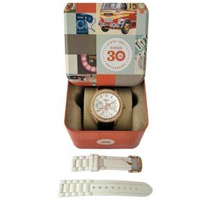 Fossil Watch Womens Rose Gold White‎ Face Es3454 Black White Bands Original Case